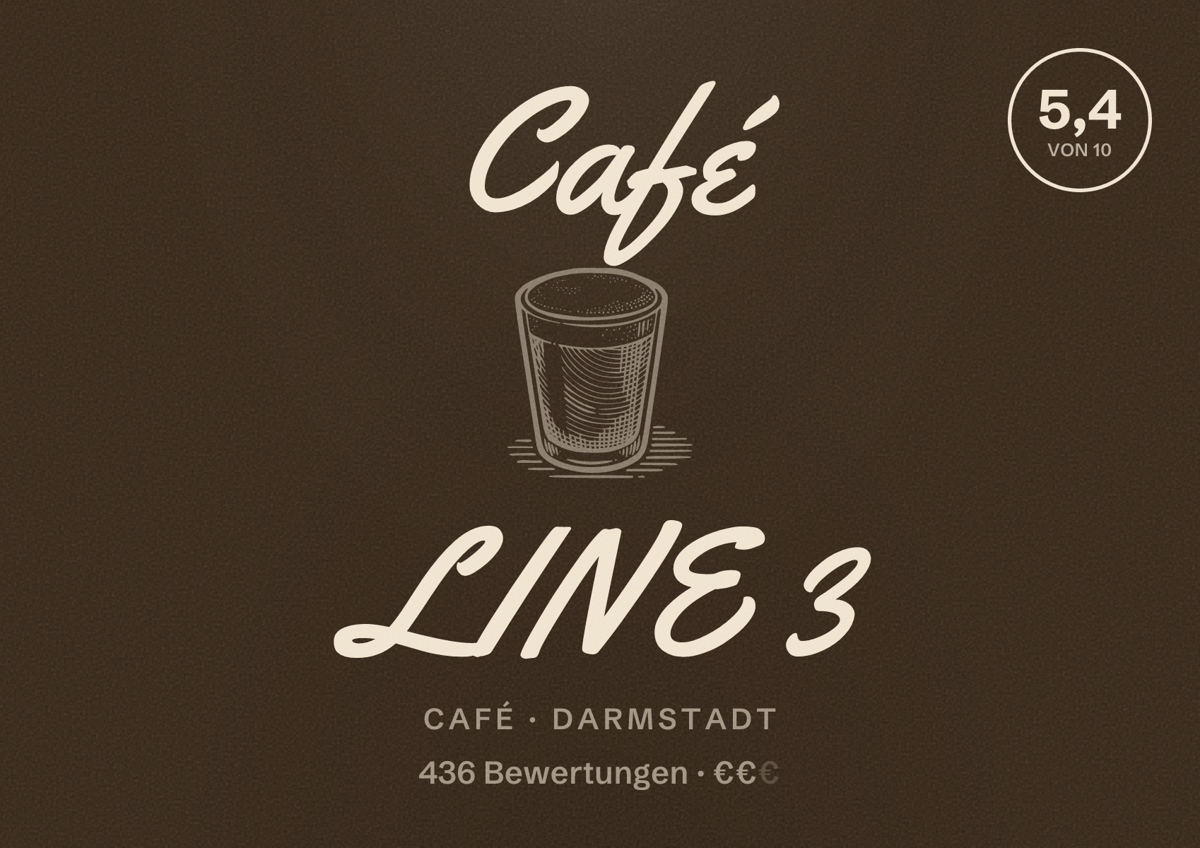 Illustriertes Poster von Café LINE 3, Café in Darmstadt: Bewertung 5,4 von 10 aus 436 Bewertungen, Preisniveau €€