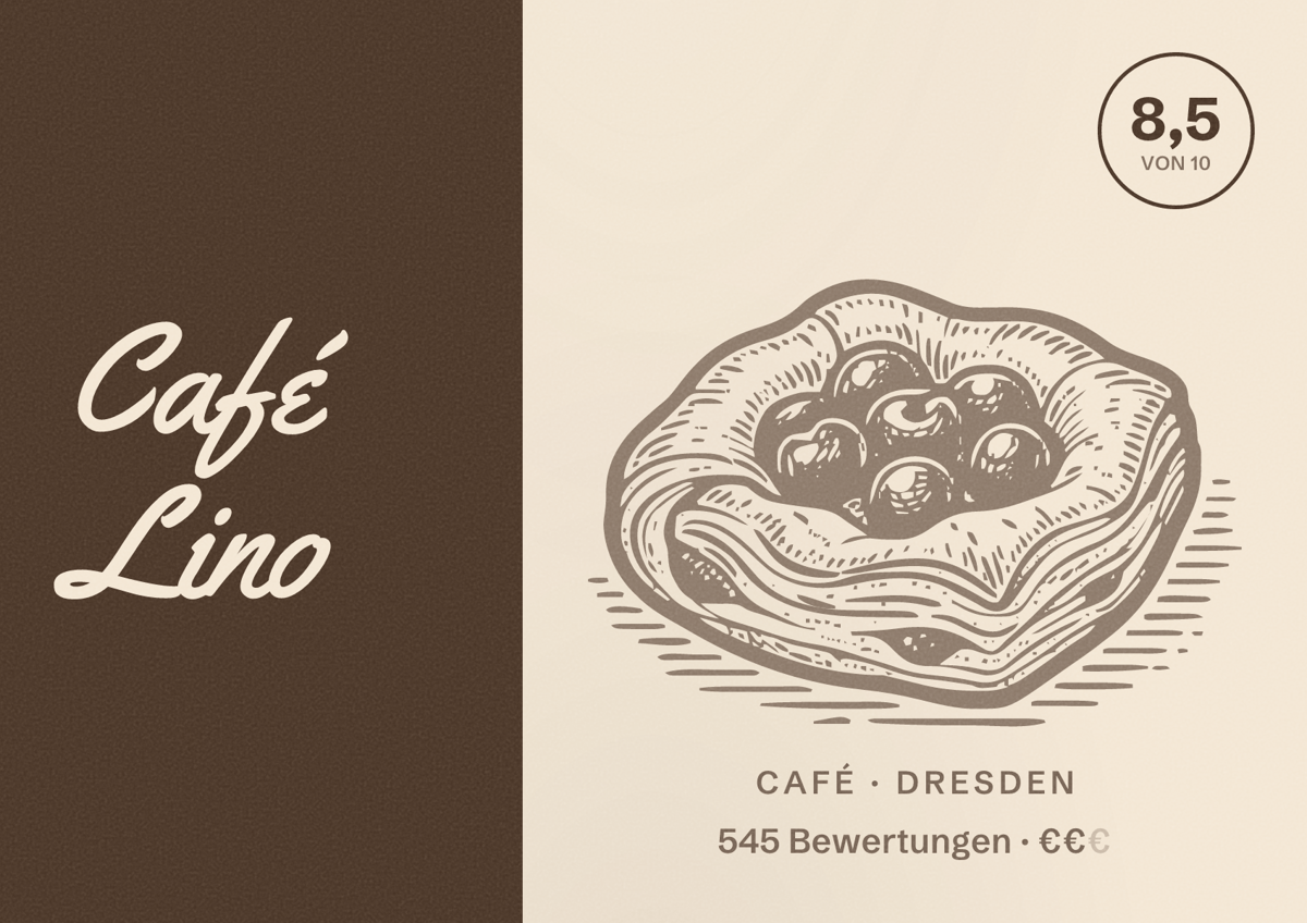 Illustriertes Poster von Café Lino, Café in Dresden: Bewertung 8,5 von 10 aus 545 Bewertungen, Preisniveau €€