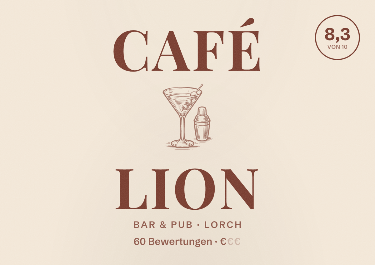 Illustriertes Poster von Café Lion, Bar & Pub in Lorch: Bewertung 8,3 von 10 aus 60 Bewertungen, Preisniveau €