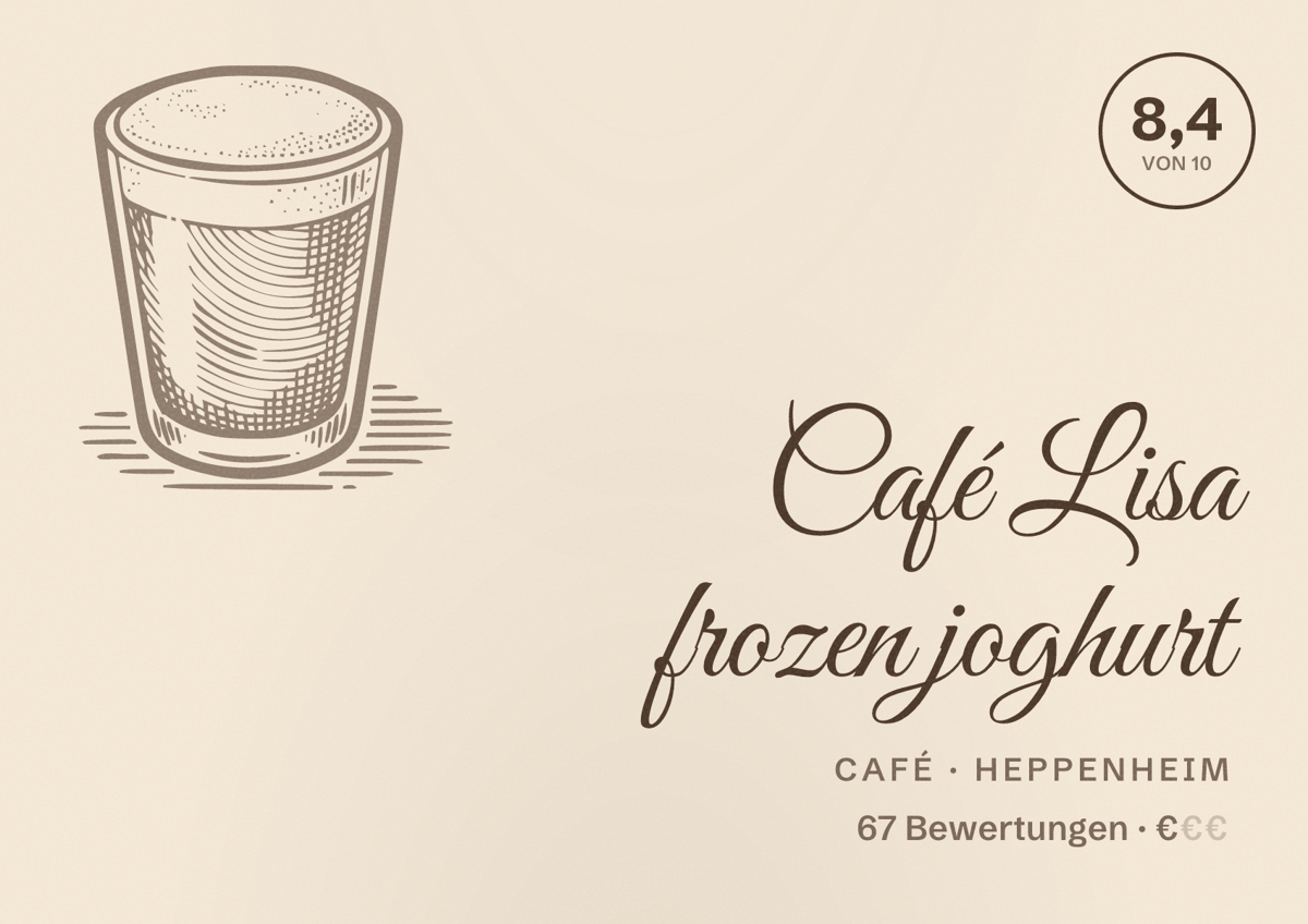 Illustriertes Poster von Café Lisa frozen joghurt, Café in Heppenheim: Bewertung 8,4 von 10 aus 67 Bewertungen, Preisniveau €