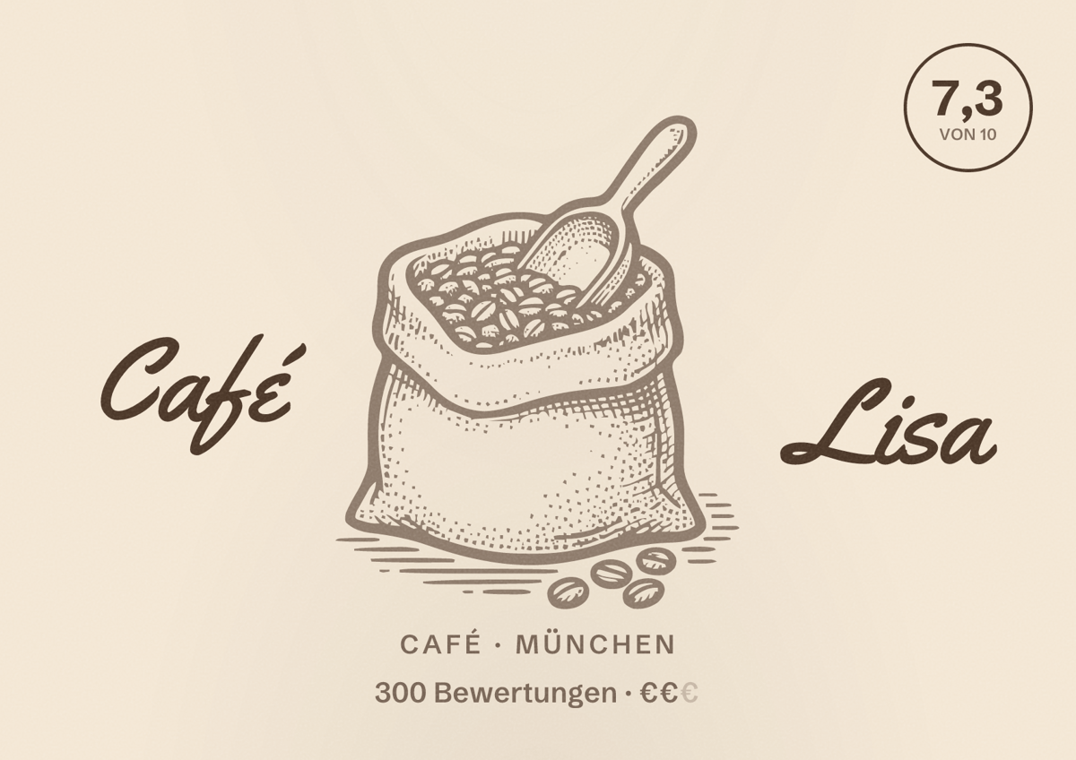 Illustriertes Poster von Café Lisa, Café in München: Bewertung 7,3 von 10 aus 300 Bewertungen, Preisniveau €€