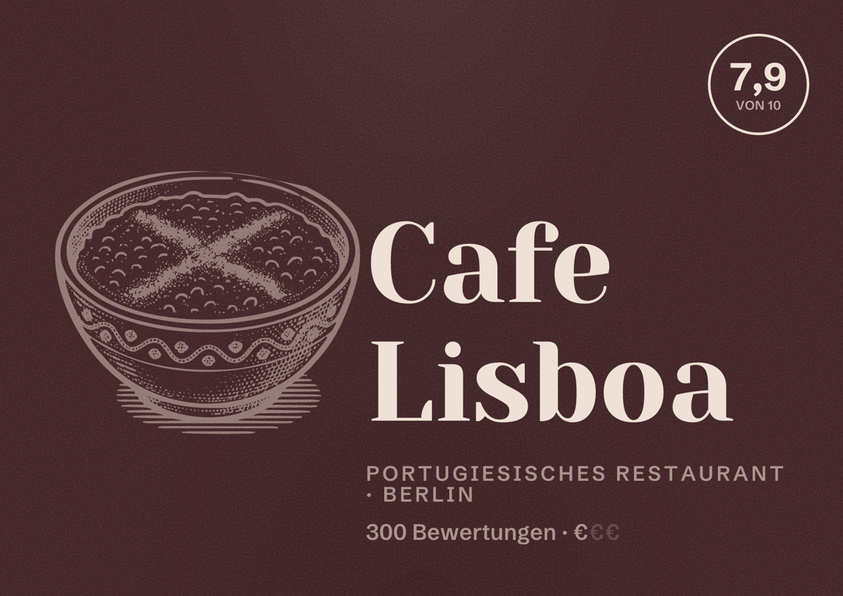 Illustriertes Poster von Cafe Lisboa, Portugiesisches Restaurant in Berlin: Bewertung 7,9 von 10 aus 300 Bewertungen, Preisniveau €