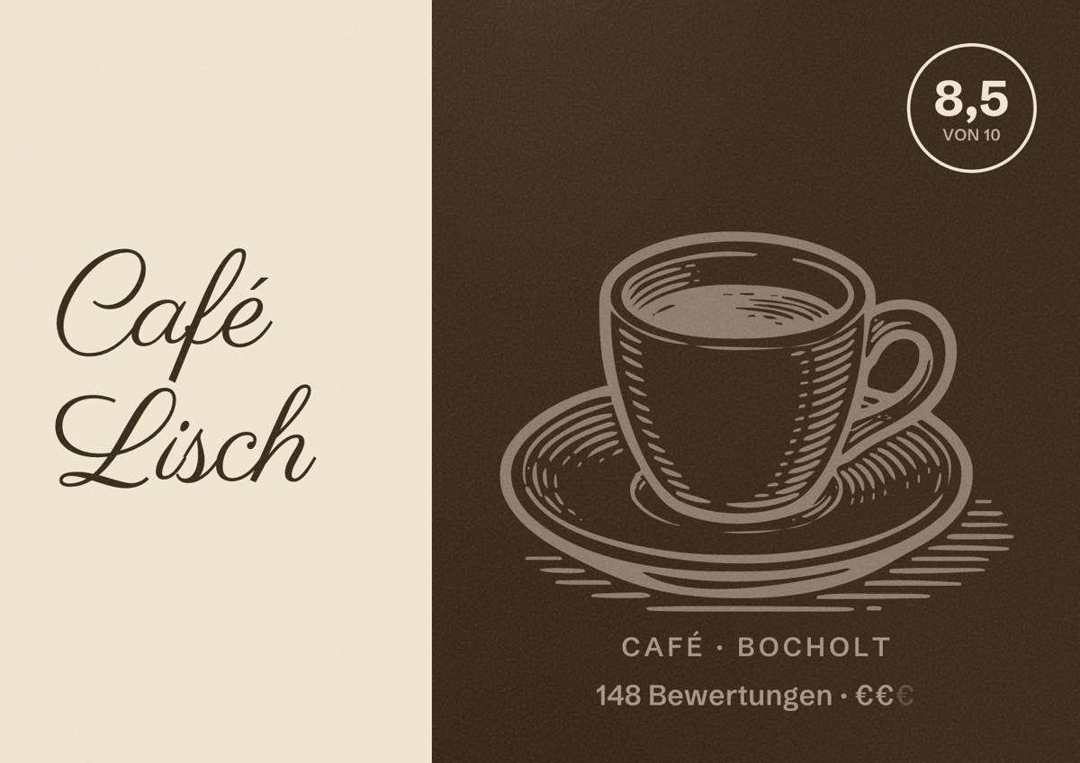 Illustriertes Poster von Café Lisch, Café in Bocholt: Bewertung 8,5 von 10 aus 148 Bewertungen, Preisniveau €€
