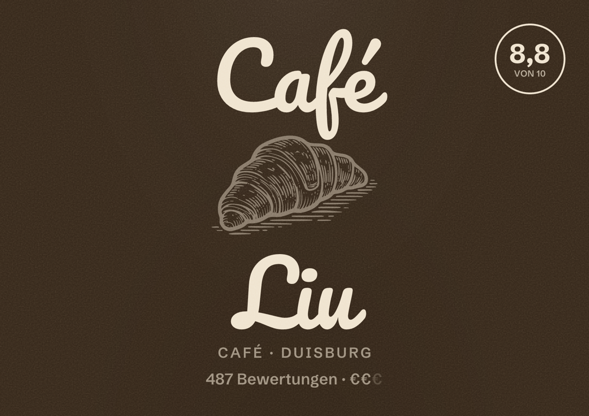 Illustriertes Poster von Café Liu, Café in Duisburg: Bewertung 8,8 von 10 aus 487 Bewertungen, Preisniveau €€