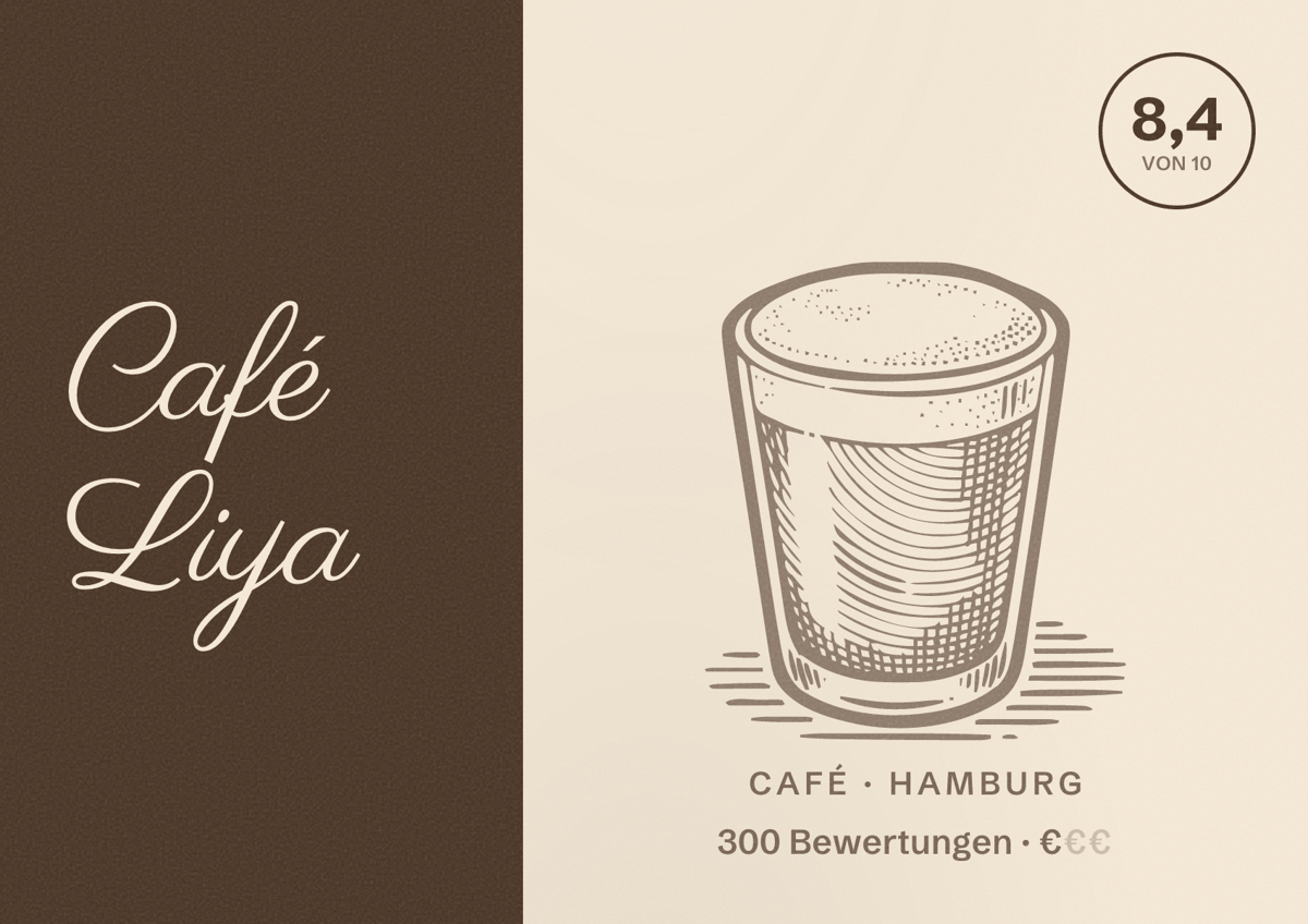 Illustriertes Poster von Café Liya, Café in Hamburg: Bewertung 8,4 von 10 aus 300 Bewertungen, Preisniveau €