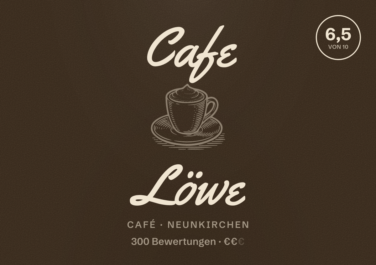 Illustriertes Poster von Cafe Löwe, Café in Neunkirchen: Bewertung 6,5 von 10 aus 300 Bewertungen, Preisniveau €€