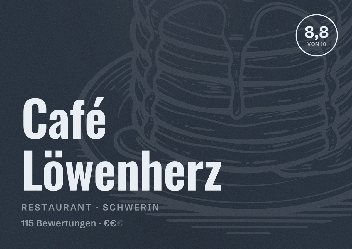 Illustriertes Poster von Café Löwenherz, Restaurant in Schwerin: Bewertung 8,8 von 10 aus 115 Bewertungen, Preisniveau €€