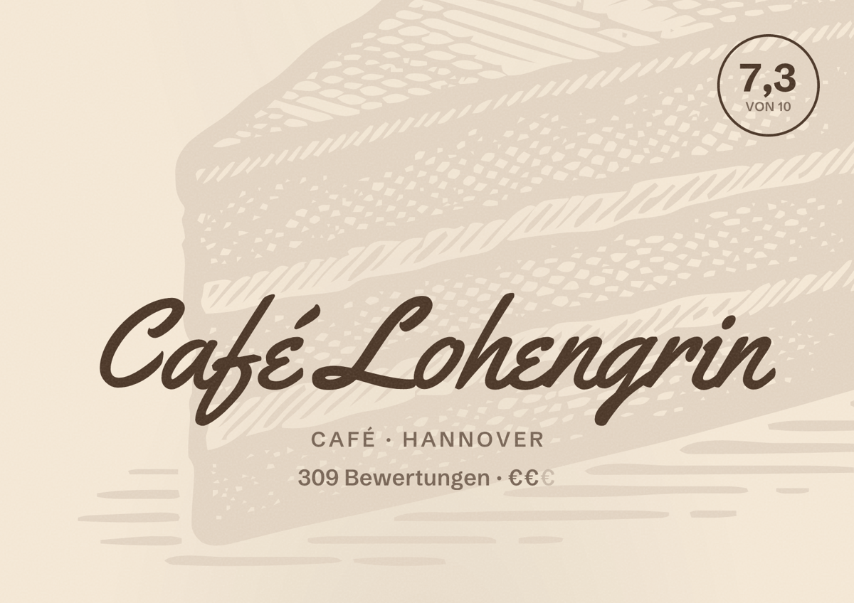 Illustriertes Poster von Café Lohengrin, Café in Hannover: Bewertung 7,3 von 10 aus 309 Bewertungen, Preisniveau €€