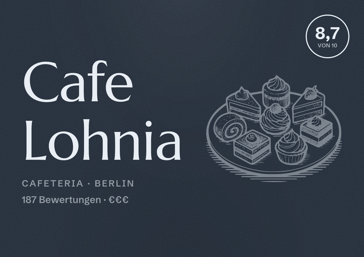 Illustriertes Poster von Cafe Lohnia, Cafeteria in Berlin: Bewertung 8,7 von 10 aus 187 Bewertungen, Preisniveau €€€