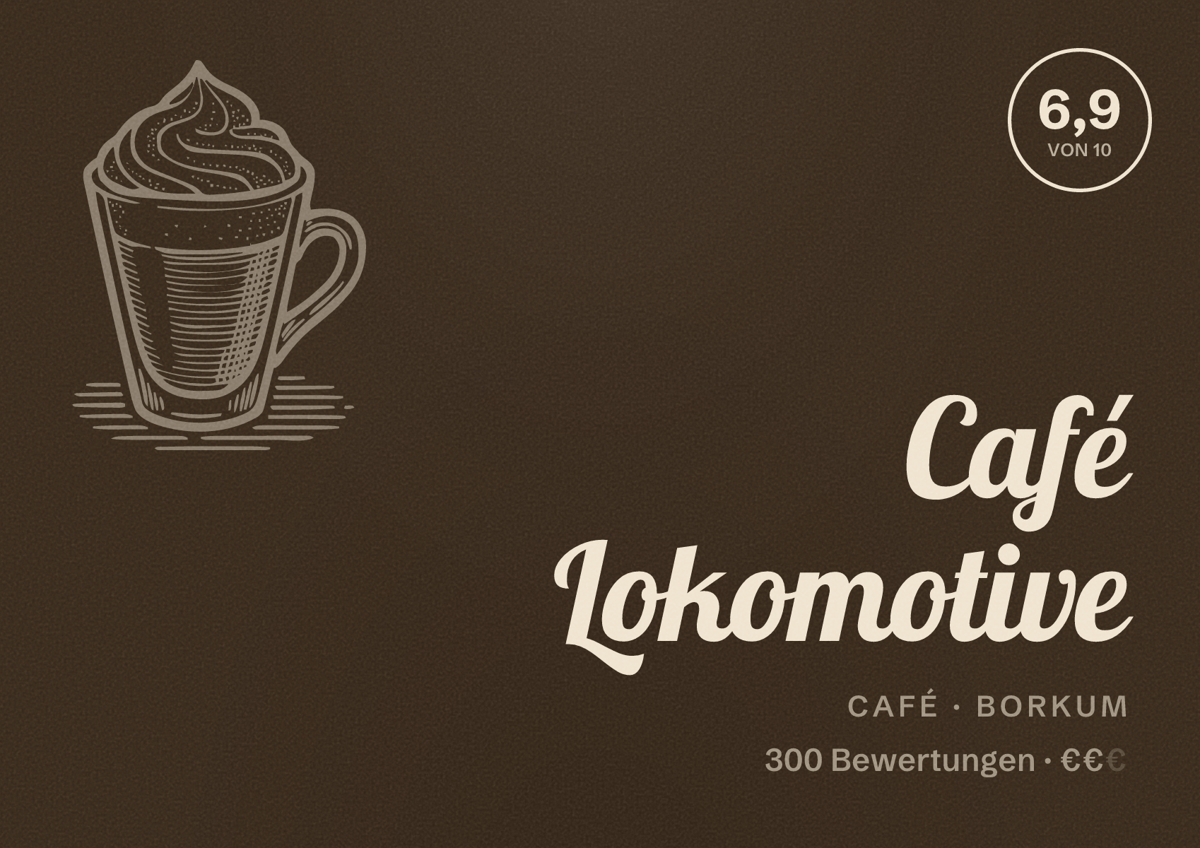 Illustriertes Poster von Café Lokomotive, Café in Borkum: Bewertung 6,9 von 10 aus 300 Bewertungen, Preisniveau €€