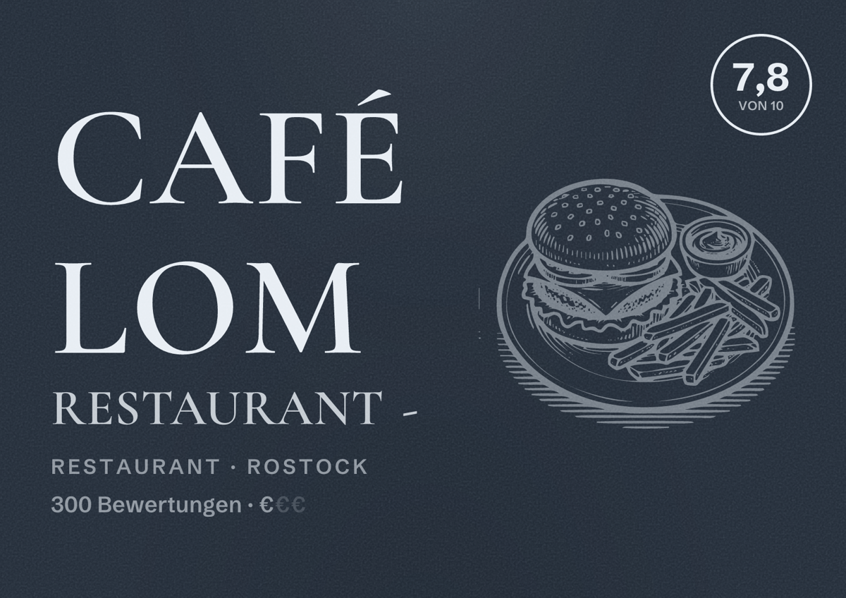 Illustriertes Poster von Café Lom Restaurant -, Restaurant in Rostock: Bewertung 7,8 von 10 aus 300 Bewertungen, Preisniveau €