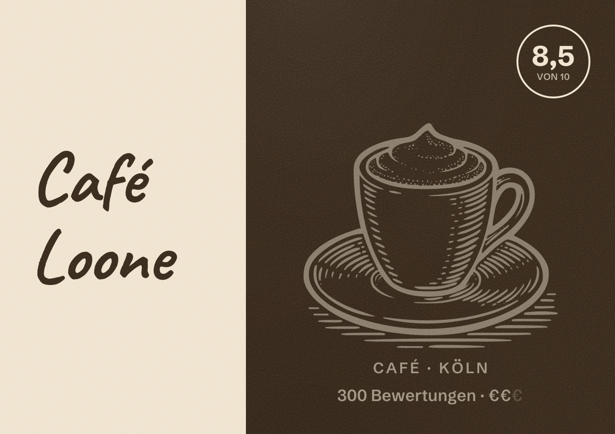 Illustriertes Poster von Café Loone, Café in Köln: Bewertung 8,5 von 10 aus 300 Bewertungen, Preisniveau €€