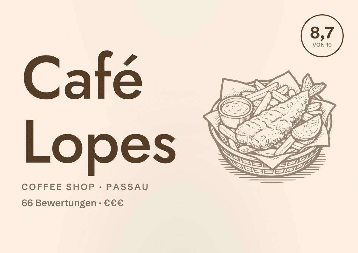 Illustriertes Poster von Café Lopes, Coffee Shop in Passau: Bewertung 8,7 von 10 aus 66 Bewertungen, Preisniveau €€€