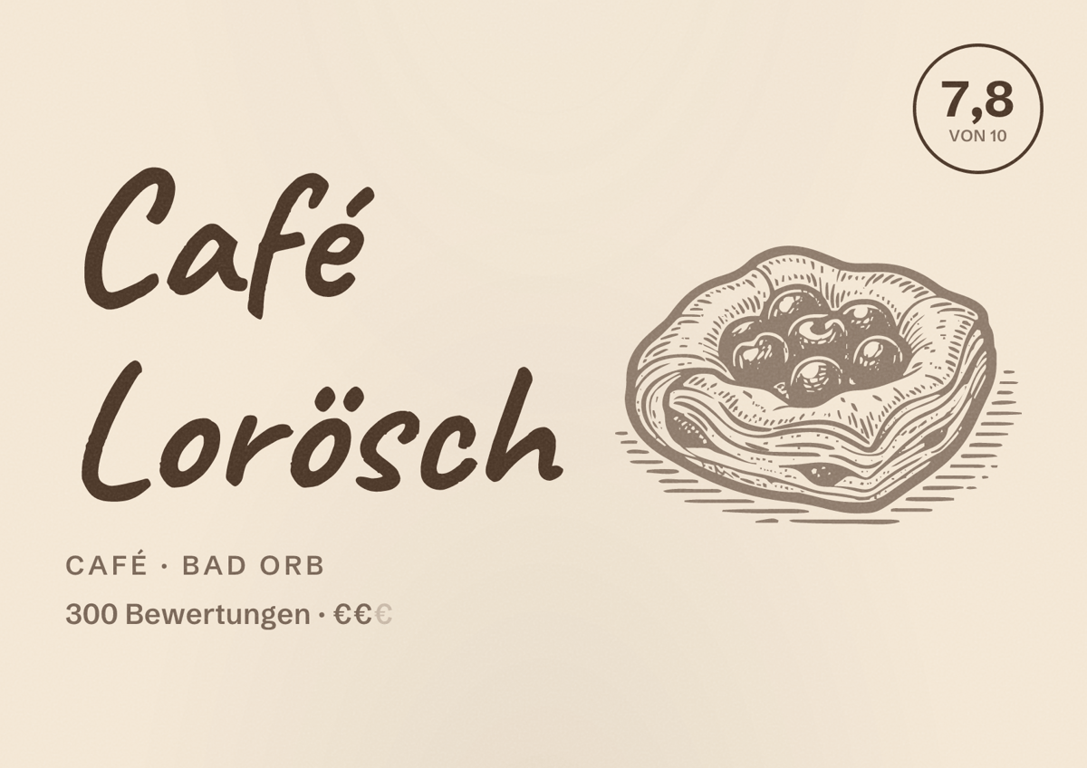 Illustriertes Poster von Café Lorösch, Café in Bad Orb: Bewertung 7,8 von 10 aus 300 Bewertungen, Preisniveau €€