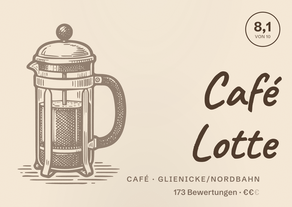 Illustriertes Poster von Café Lotte, Café in Glienicke/Nordbahn: Bewertung 8,1 von 10 aus 173 Bewertungen, Preisniveau €€