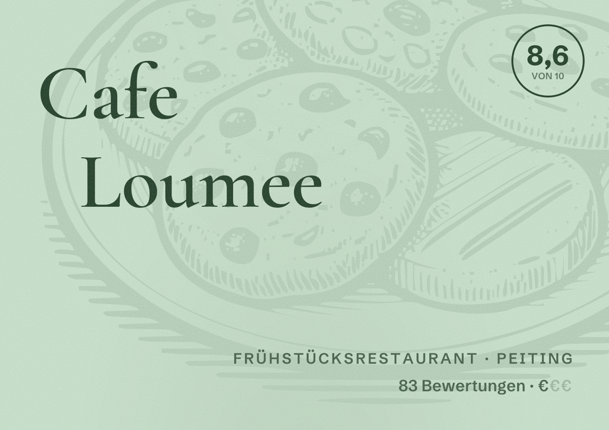 Illustriertes Poster von Cafe Loumee, Frühstücksrestaurant in Peiting: Bewertung 8,6 von 10 aus 83 Bewertungen, Preisniveau €