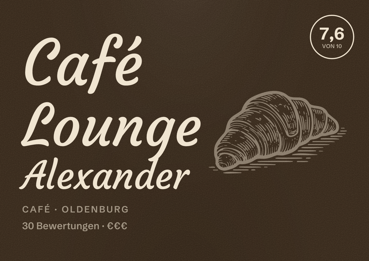 Illustriertes Poster von Café Lounge Alexander, Café in Oldenburg: Bewertung 7,6 von 10 aus 30 Bewertungen, Preisniveau €€€