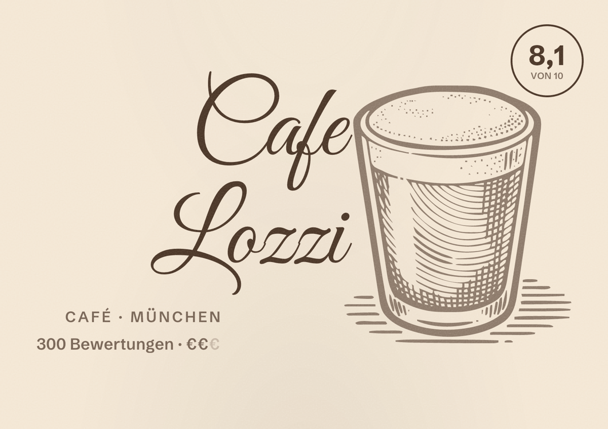 Illustriertes Poster von Cafe Lozzi, Café in München: Bewertung 8,1 von 10 aus 300 Bewertungen, Preisniveau €€