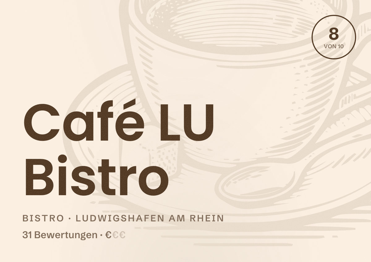 Illustriertes Poster von Café LU Bistro, Bistro in Ludwigshafen am Rhein: Bewertung 8 von 10 aus 31 Bewertungen, Preisniveau €