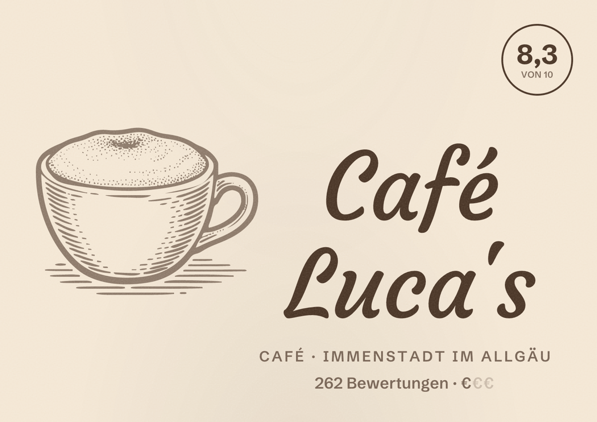 Illustriertes Poster von Café Luca's, Café in Immenstadt im Allgäu: Bewertung 8,3 von 10 aus 262 Bewertungen, Preisniveau €