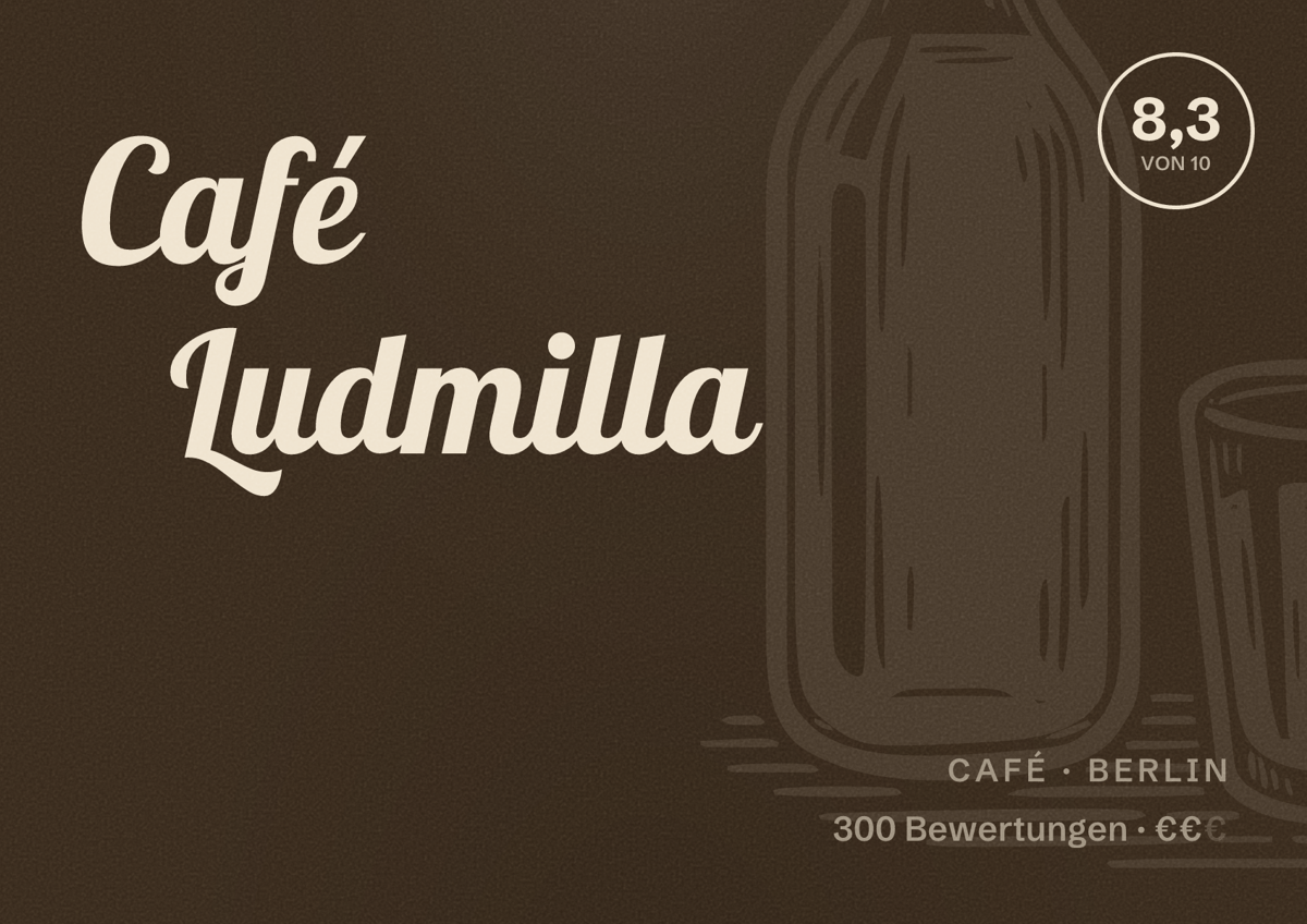 Illustriertes Poster von Café Ludmilla, Café in Berlin: Bewertung 8,3 von 10 aus 300 Bewertungen, Preisniveau €€
