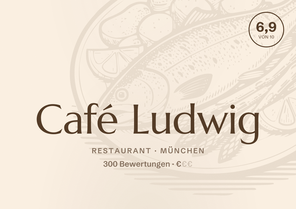Illustriertes Poster von Café Ludwig, Restaurant in München: Bewertung 6,9 von 10 aus 300 Bewertungen, Preisniveau €
