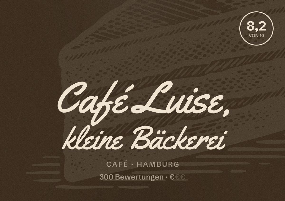 Illustriertes Poster von Café Luise, kleine Bäckerei, Café in Hamburg: Bewertung 8,2 von 10 aus 300 Bewertungen, Preisniveau €
