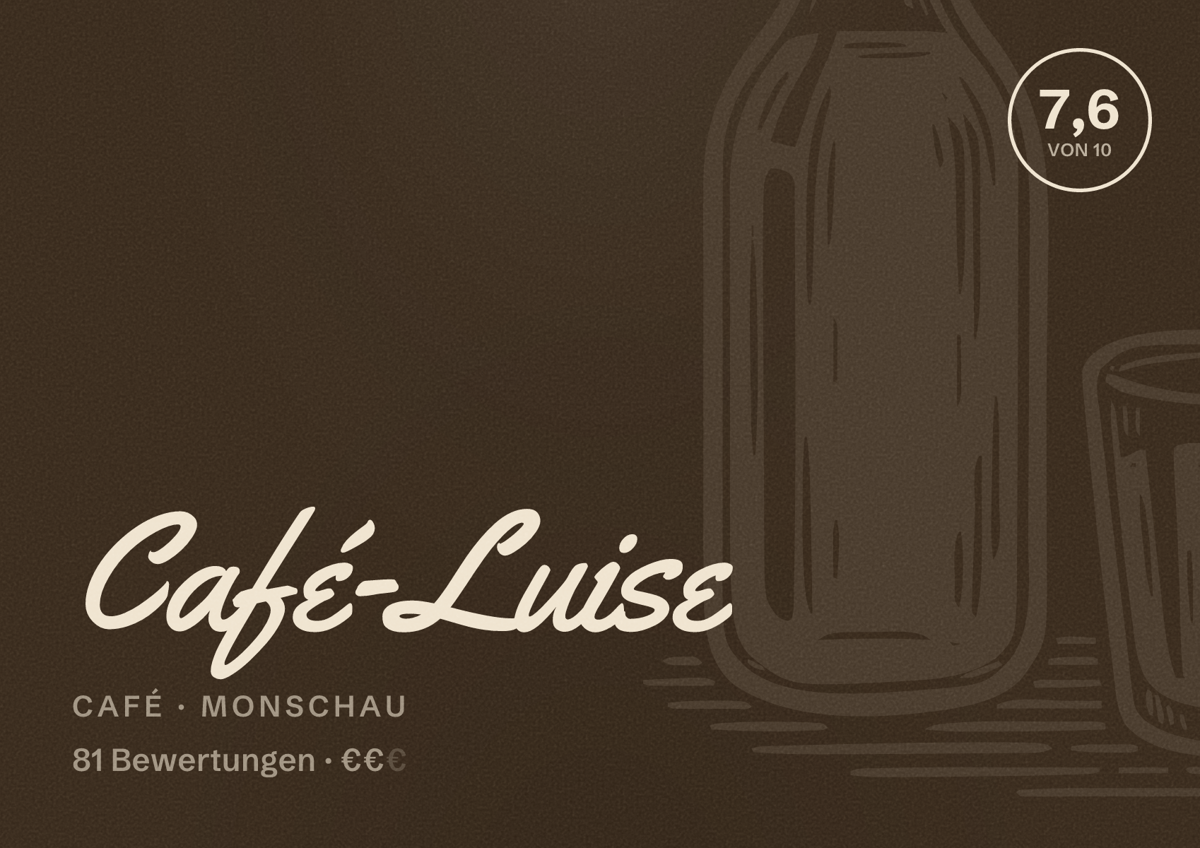 Illustriertes Poster von Café-Luise, Café in Monschau: Bewertung 7,6 von 10 aus 81 Bewertungen, Preisniveau €€