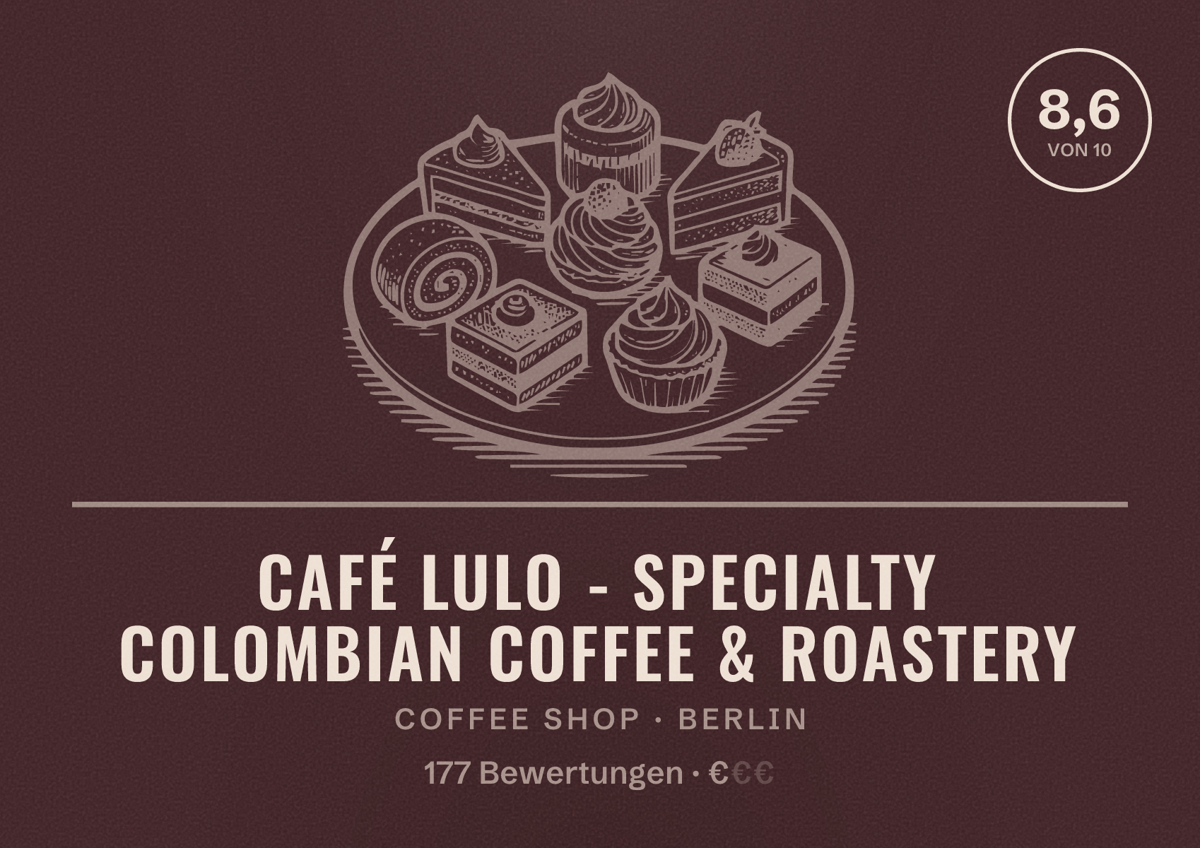 Illustriertes Poster von Café LULO - Specialty Colombian Coffee & Roastery, Coffee Shop in Berlin: Bewertung 8,6 von 10 aus 177 Bewertungen, Preisniveau €
