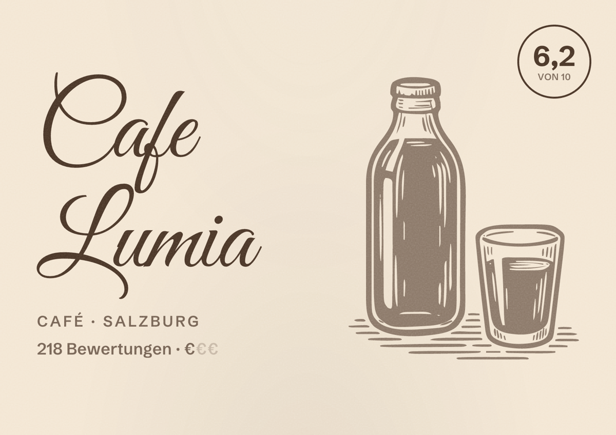 Illustriertes Poster von Cafe Lumia, Café in Salzburg: Bewertung 6,2 von 10 aus 218 Bewertungen, Preisniveau €