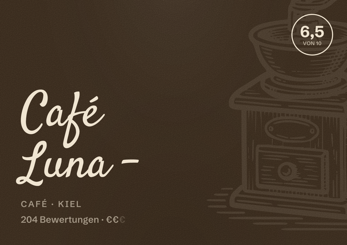 Illustriertes Poster von Café Luna -, Café in Kiel: Bewertung 6,5 von 10 aus 204 Bewertungen, Preisniveau €€