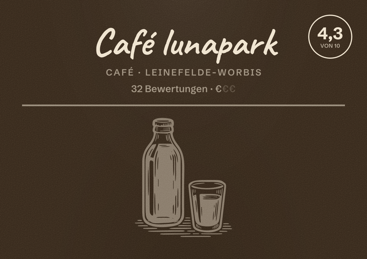 Illustriertes Poster von Café lunapark, Café in Leinefelde-Worbis: Bewertung 4,3 von 10 aus 32 Bewertungen, Preisniveau €
