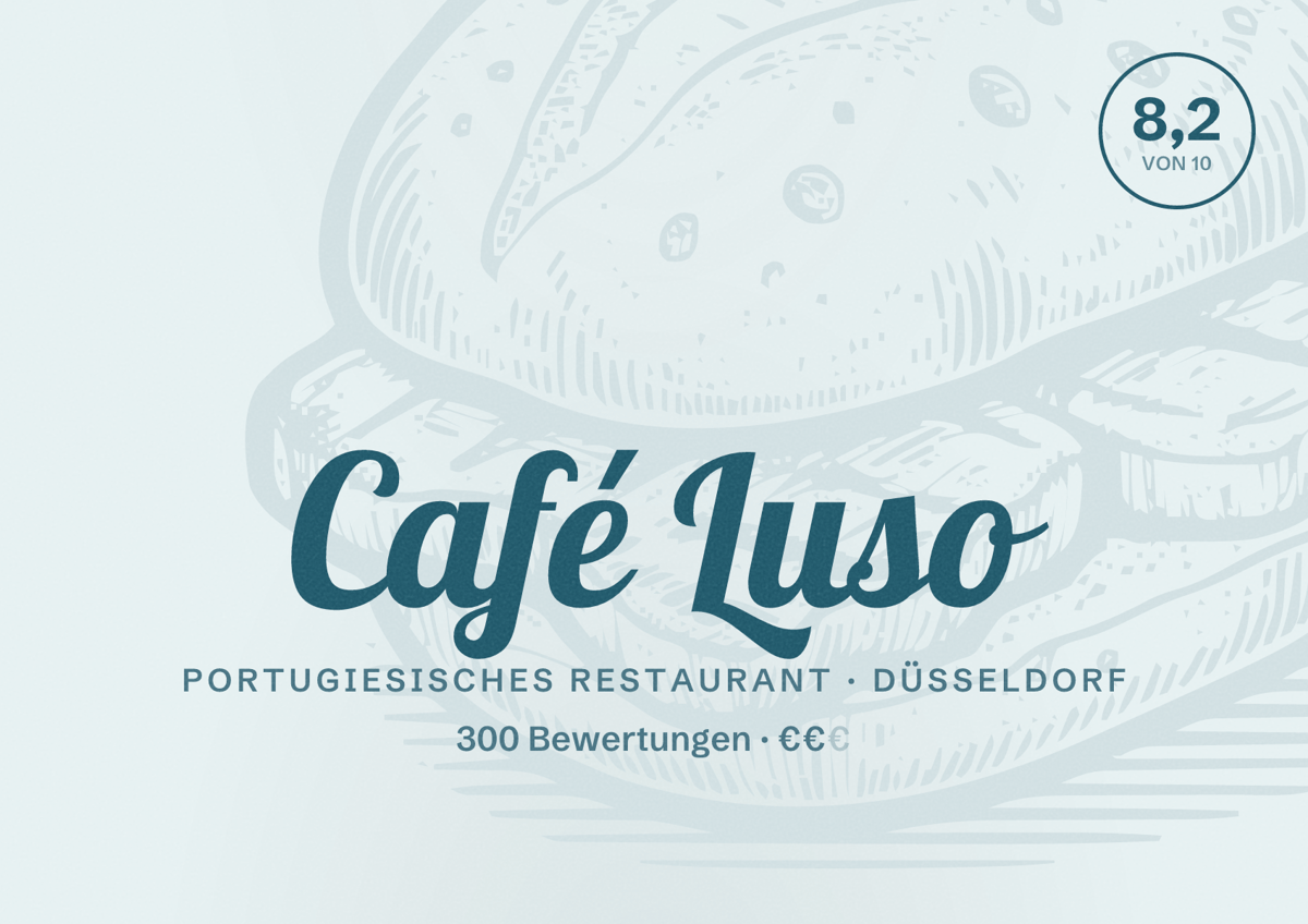 Illustriertes Poster von Café Luso, Portugiesisches Restaurant in Düsseldorf: Bewertung 8,2 von 10 aus 300 Bewertungen, Preisniveau €€