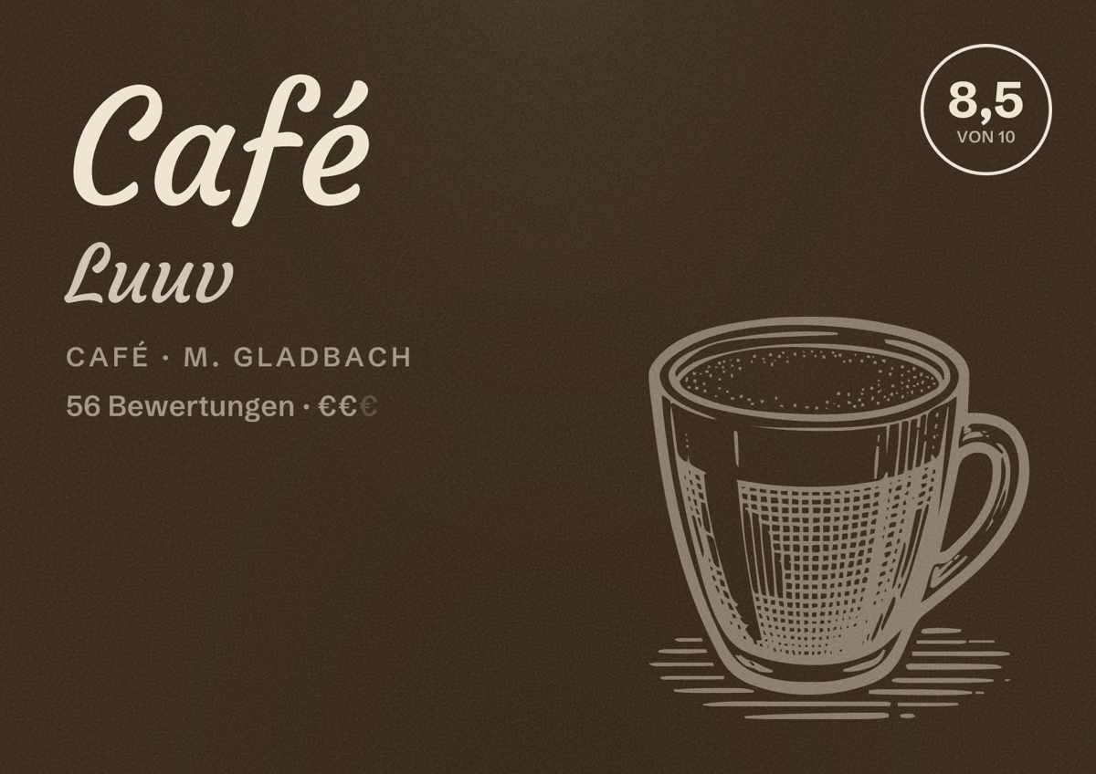 Illustriertes Poster von Café Luuv, Café in M. Gladbach: Bewertung 8,5 von 10 aus 56 Bewertungen, Preisniveau €€