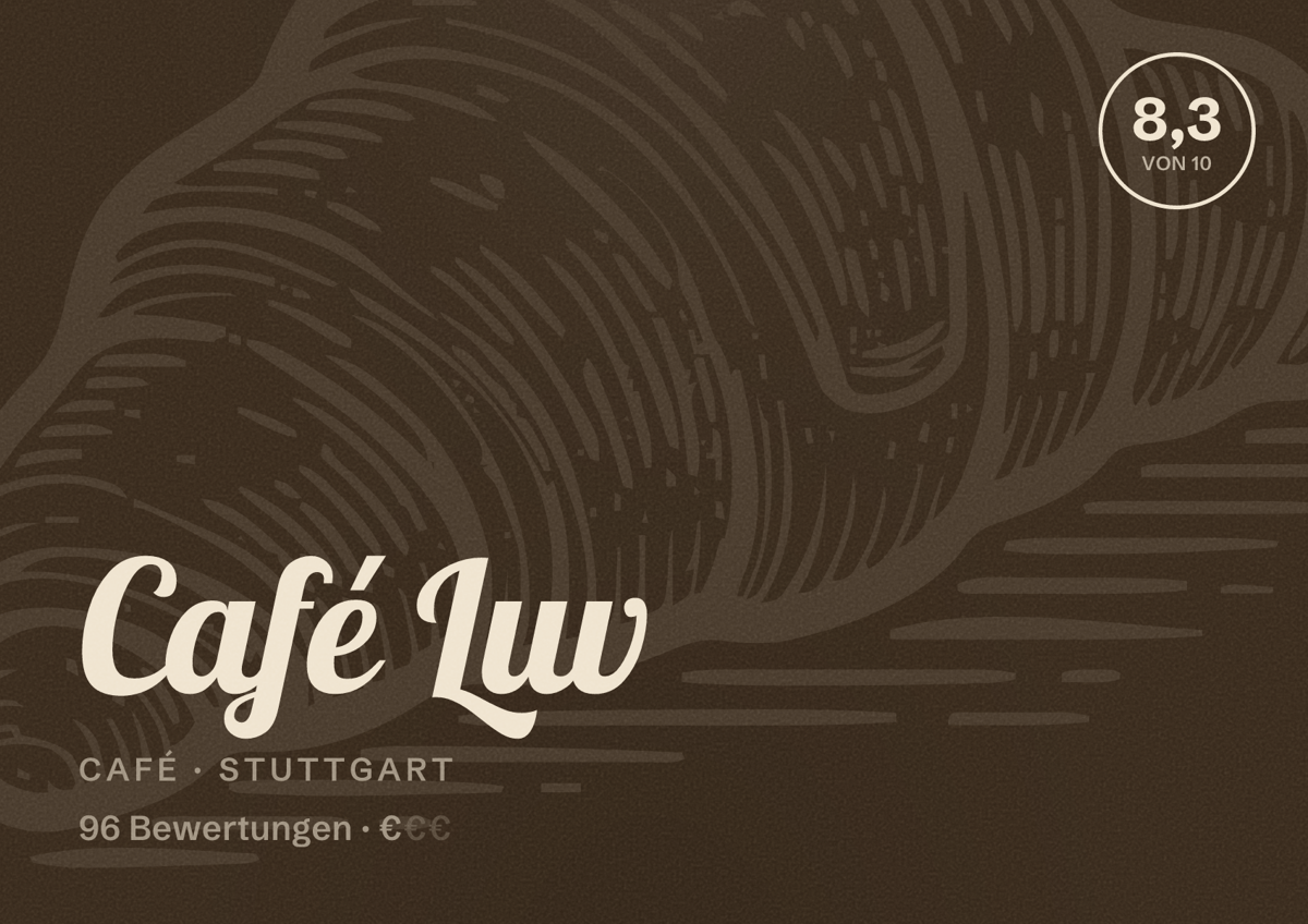 Illustriertes Poster von Café Luv, Café in Stuttgart: Bewertung 8,3 von 10 aus 96 Bewertungen, Preisniveau €