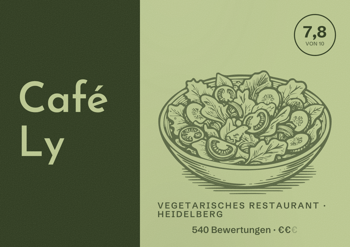 Illustriertes Poster von Café Ly, Vegetarisches Restaurant in Heidelberg: Bewertung 7,8 von 10 aus 540 Bewertungen, Preisniveau €€