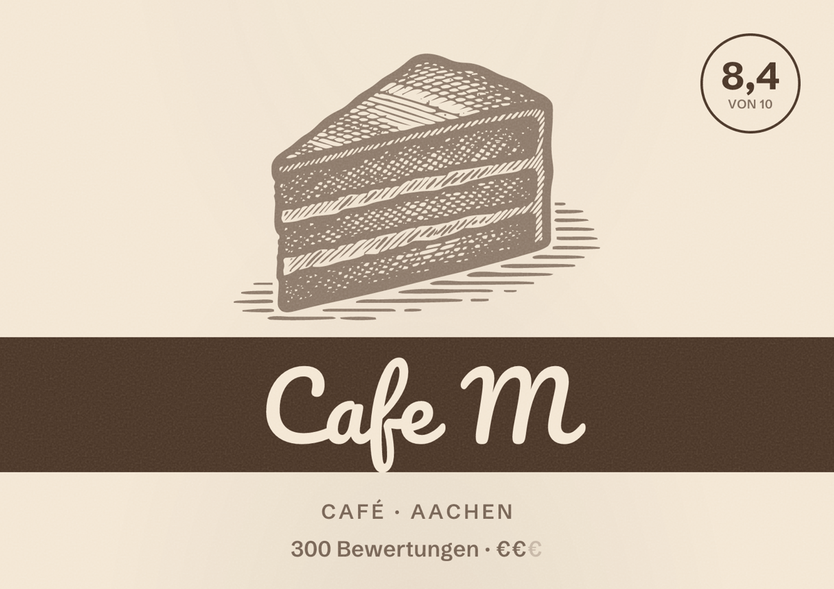 Illustriertes Poster von Cafe M, Café in Aachen: Bewertung 8,4 von 10 aus 300 Bewertungen, Preisniveau €€