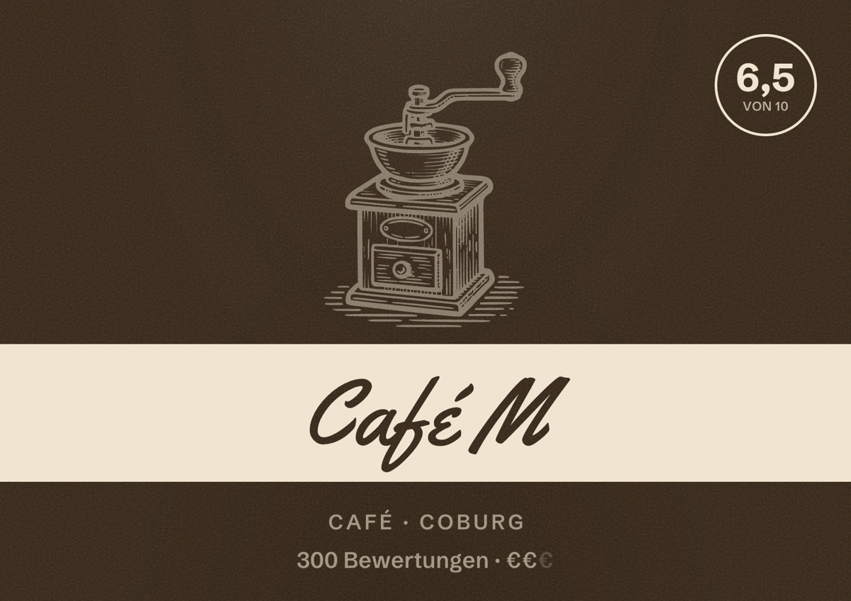 Illustriertes Poster von Café M, Café in Coburg: Bewertung 6,5 von 10 aus 300 Bewertungen, Preisniveau €€