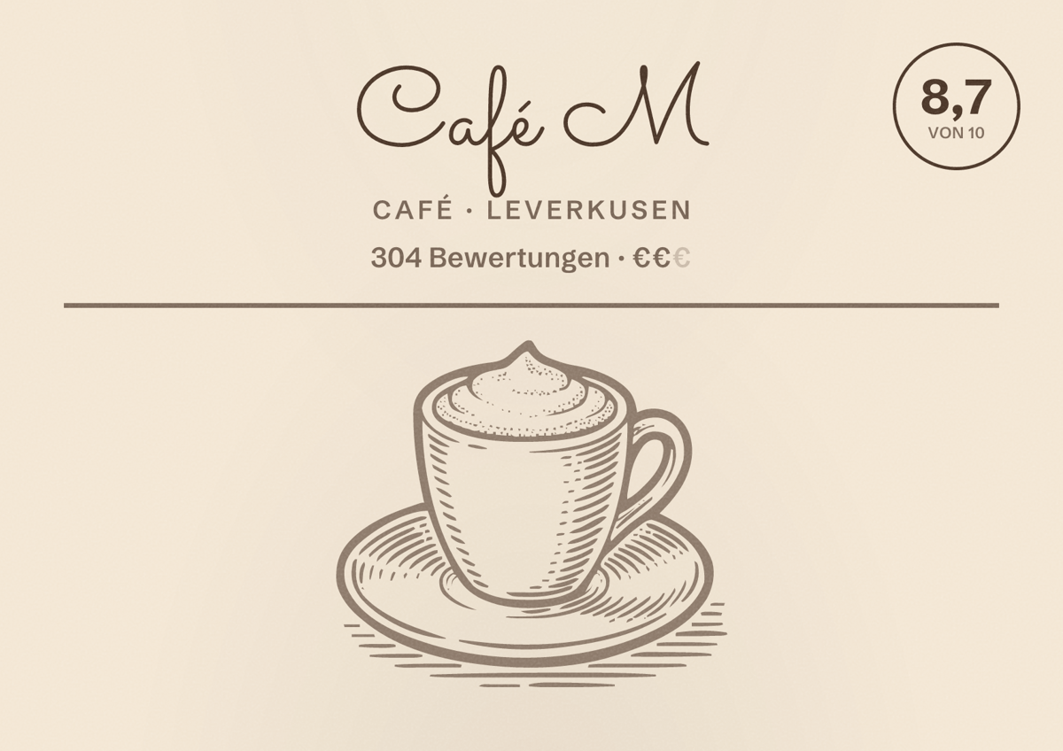 Illustriertes Poster von Café M, Café in Leverkusen: Bewertung 8,7 von 10 aus 304 Bewertungen, Preisniveau €€