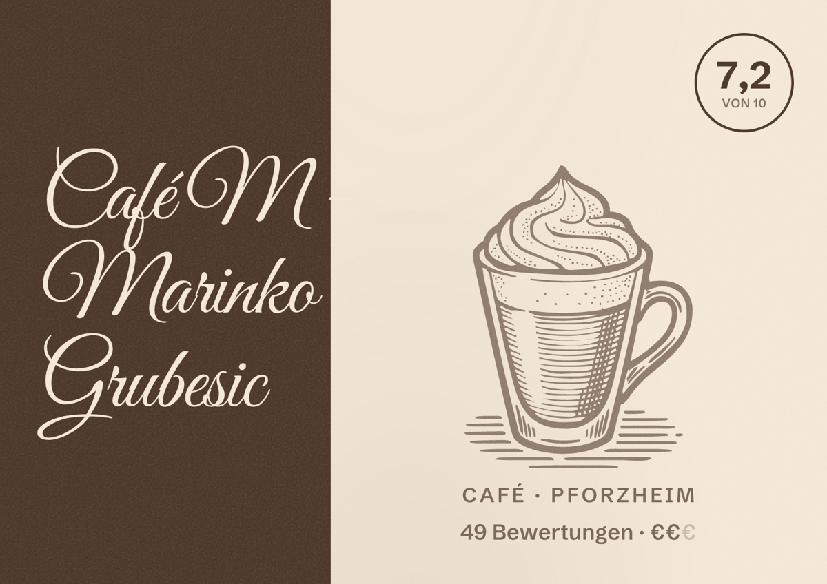 Illustriertes Poster von Café M - Marinko Grubesic, Café in Pforzheim: Bewertung 7,2 von 10 aus 49 Bewertungen, Preisniveau €€