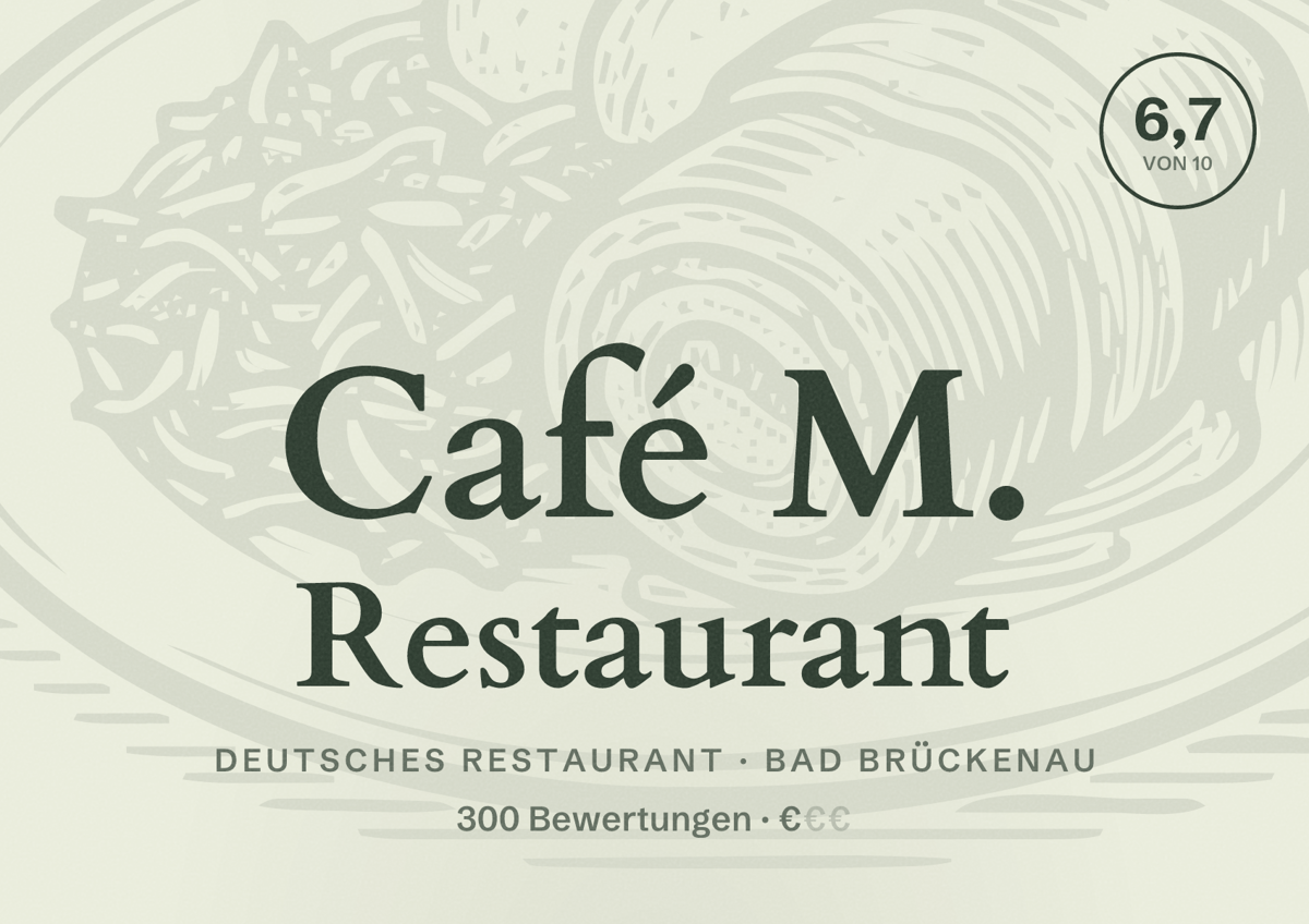 Illustriertes Poster von Café M. Restaurant, Deutsches Restaurant in Bad Brückenau: Bewertung 6,7 von 10 aus 300 Bewertungen, Preisniveau €