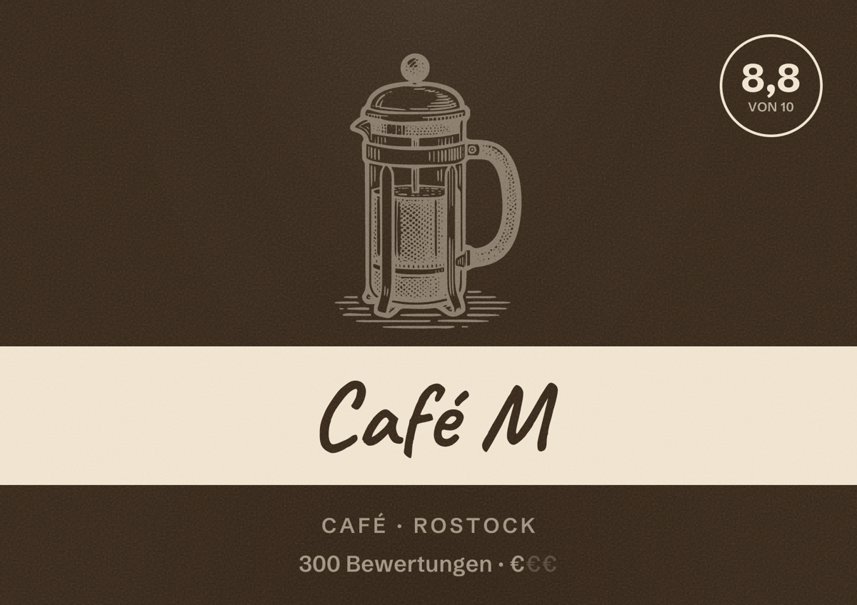 Illustriertes Poster von Café M, Café in Rostock: Bewertung 8,8 von 10 aus 300 Bewertungen, Preisniveau €