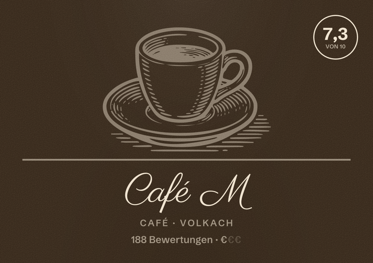 Illustriertes Poster von Café M, Café in Volkach: Bewertung 7,3 von 10 aus 188 Bewertungen, Preisniveau €