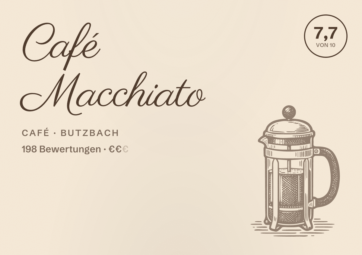Illustriertes Poster von Café Macchiato, Café in Butzbach: Bewertung 7,7 von 10 aus 198 Bewertungen, Preisniveau €€
