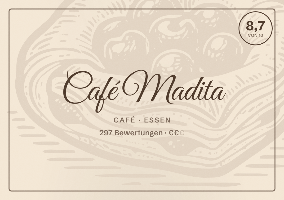 Illustriertes Poster von Café Madita, Café in Essen: Bewertung 8,7 von 10 aus 297 Bewertungen, Preisniveau €€