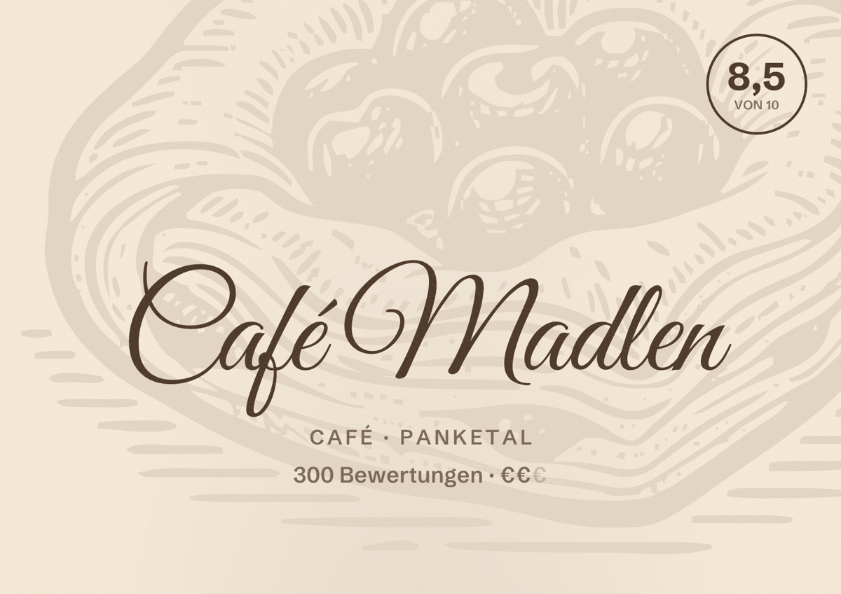 Illustriertes Poster von Café Madlen, Café in Panketal: Bewertung 8,5 von 10 aus 300 Bewertungen, Preisniveau €€