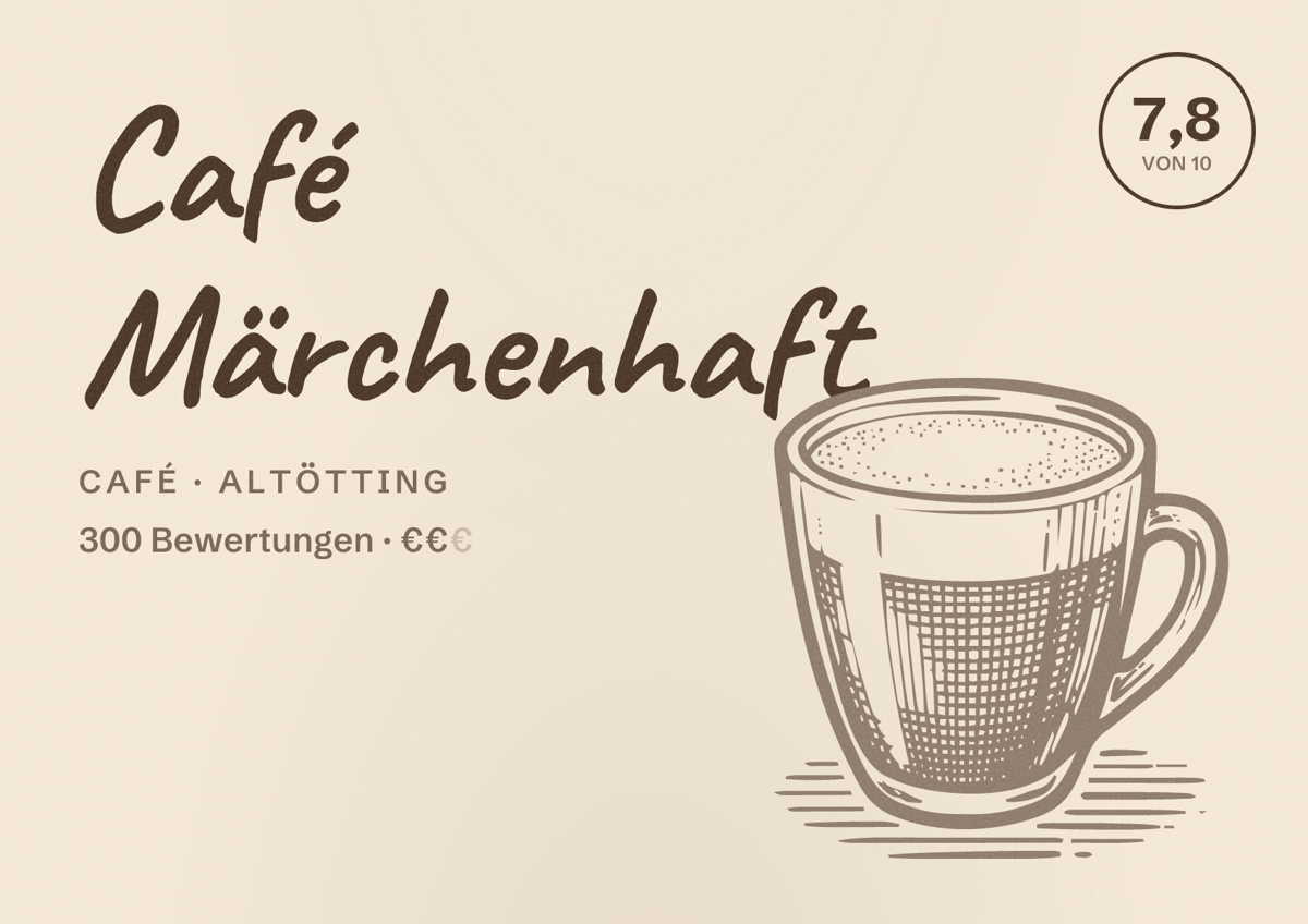Illustriertes Poster von Café Märchenhaft, Café in Altötting: Bewertung 7,8 von 10 aus 300 Bewertungen, Preisniveau €€