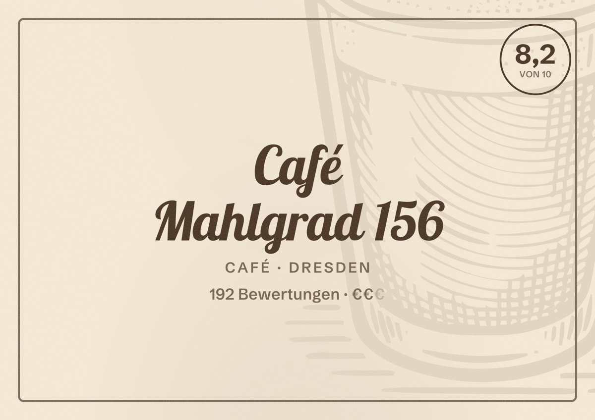 Illustriertes Poster von Café Mahlgrad 156, Café in Dresden: Bewertung 8,2 von 10 aus 192 Bewertungen, Preisniveau €€