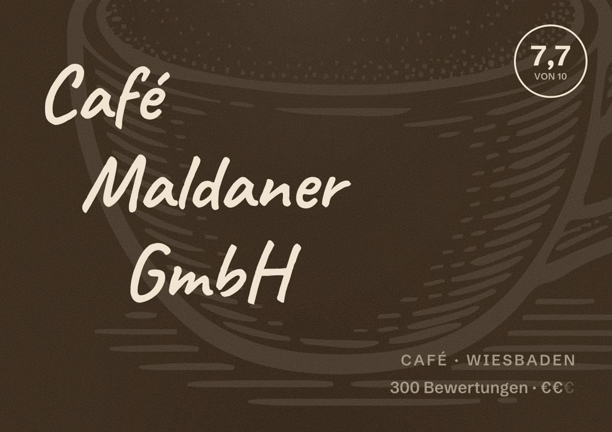 Illustriertes Poster von Café Maldaner GmbH, Café in Wiesbaden: Bewertung 7,7 von 10 aus 300 Bewertungen, Preisniveau €€