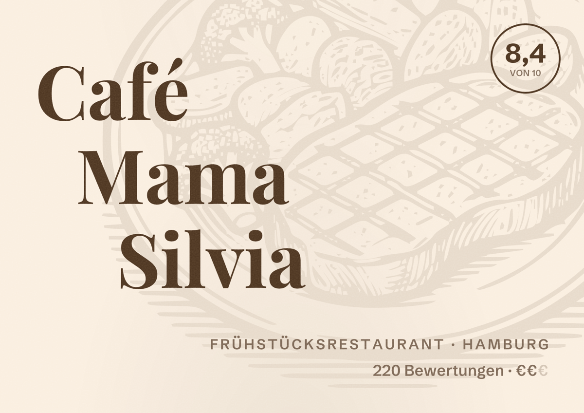 Illustriertes Poster von Café Mama Silvia, Frühstücksrestaurant in Hamburg: Bewertung 8,4 von 10 aus 220 Bewertungen, Preisniveau €€